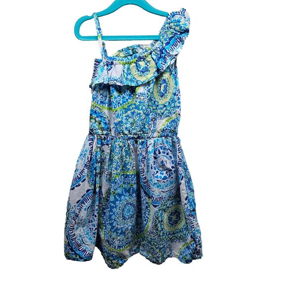 THE CHILDREN'S PLACE Girls Blue Mosaic Ruffle Fit And Flare Dress Size 7/8 - Picture 1 of 5
